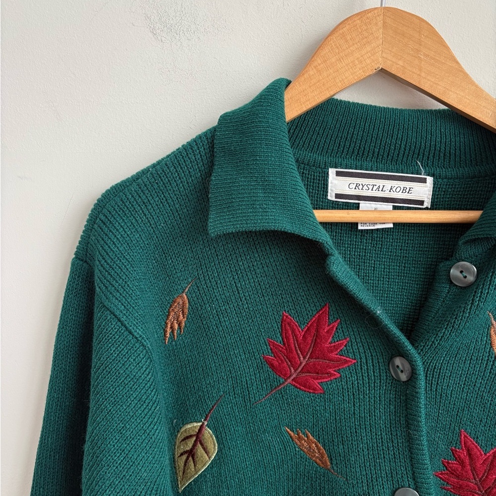 Crystal-Kobe Green Leaf Cardigan Sweater Size XL - Picture 4 of 4